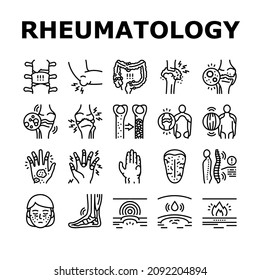 Rheumatology Disease Problem Icons Set Vector. Ankylosing Spondylitis And Polymyalgia Rheumatica, Polymyositis Muscle And Osteoporosis Bone Ill, Rheaumatology Treatment Black Contour Illustrations