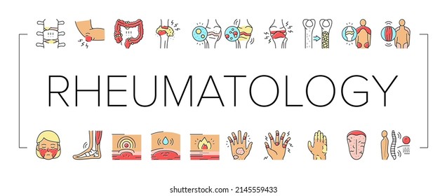 Rheumatology Disease Problem Icons Set Vector. Ankylosierende Spondylitis und Polymyalgie Rheumatica, Polymyositis Muskel-und Osteoporose Knochen Ill, Rheaumatologie Behandlungslinie. Farbillustrationen