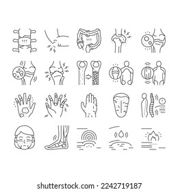 Rheumatology Disease Problem Icons Set Vector. Ankylosing Spondylitis And Polymyalgia Rheumatica, Polymyositis Muscle And Osteoporosis Bone Ill, Rheaumatology Treatment Black Contour Illustrations