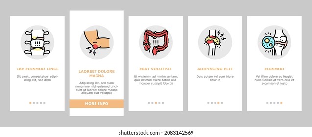 Rheumatology Disease Problem Onboarding Mobile App Page Screen Vector. Ankylosing Spondylitis And Polymyalgia Rheumatica Polymyositis Muscle Osteoporosis Bone Ill Rheaumatology Treatment Illustrations