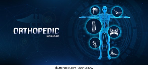 Rheumatology Medical banner with with human joints and bones and 3D x-ray skeleton. Healthcare banner, joint diseases treatment - Spine, shoulder, elbow, pelvis, knee and ankle. Vector orthopedic