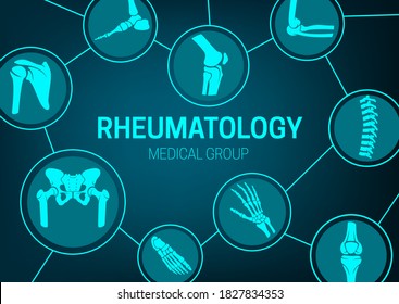 Rheumatology Medicine, Joint Diseases Treatment And X-ray Banner. Human Body Skeleton Parts, Limbs And Spine Bones, Pelvis And Hip Socket, Foot, Wrist And Elbow, Knee And Shoulder Joint Vector