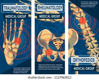 Rheumatology, Orthopedics and Traumatology Medicine Banner. Joints and Bones of human. Vector design of x-ray Bones and Joints of human Body. Skeleton Spine. 