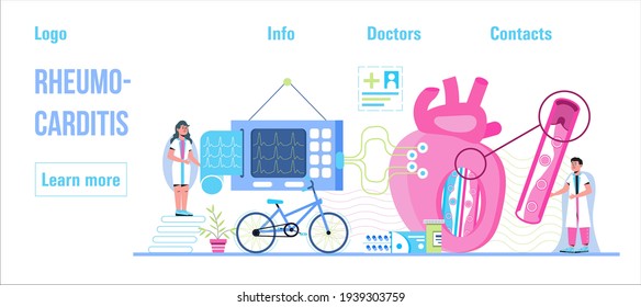 Rheumocarditis Konzept Vektor für medizinische Website, Header, Blog. Herzinfarkt, Herzinfarkt mit winzigen Ärzten, Kardiogramm, Arterie, Herz werden gezeigt.