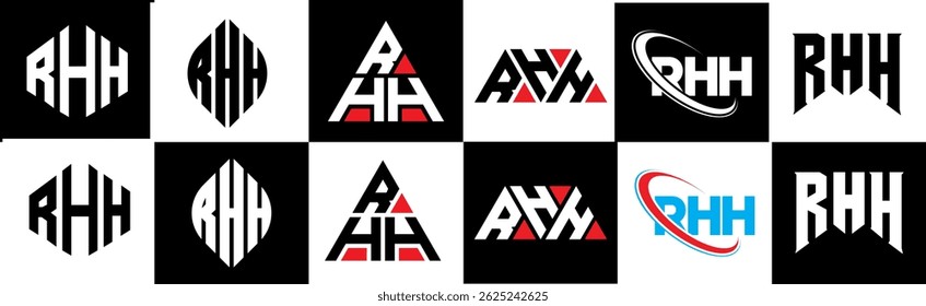 RHH letter logo design in six style. RHH polygon, circle, triangle, hexagon, flat and simple style with black and white color variation letter logo set in one artboard. RHH minimalist and classic logo