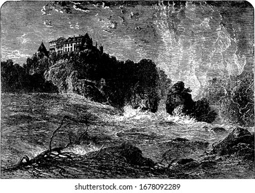 The Rhine Falls is the largest plain waterfall located on the High Rhine on the border between the cantons of Schaffhausen and Zürich, vintage line drawing or engraving illustration.