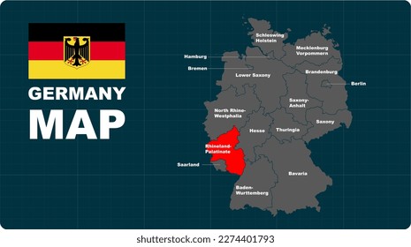 Rhineland Palatinate Map, Rhineland Palatinate red highlighted in Germany 🇩🇪 map, flat design illustration vector