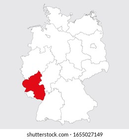 Rhineland-palatinate province highlighted germany map. Gray background. German political map.