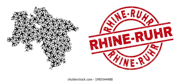 Rhine-Ruhr rubber seal stamp, and Lower Saxony Land map collage of airliner items. Collage Lower Saxony Land map designed with airliners. Red seal with Rhine-Ruhr text, and unclean rubber texture.