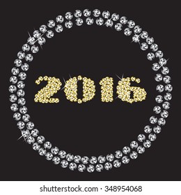 Rhinestone diamond wreath happy new year 2016 white and gold stones. Vector illustration.