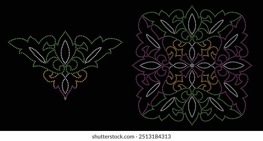 Design de vetor de flor de strass. design de vetor de elefante de strass para a ilustração da decoração de pescoço de gola com strass na forma de um colar. Transferência de flores Strass. 