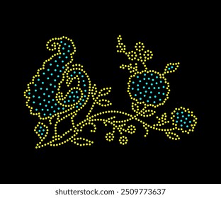 Rhinestone hotfix transfer beautiful peacock sitting on flower branch design for laser cutting, 2.2 mm hole size 6 ss, paisley rhinestone vector design.