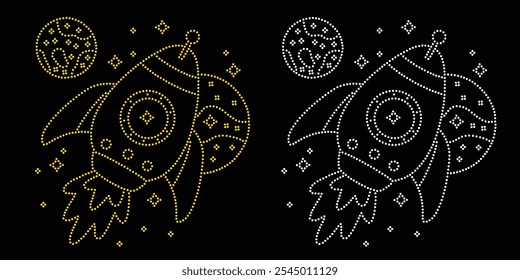 Planeta de strass Astronauta com projeto de foguete estrela. Astronauta de strass com foguete estrela um projeto cósmico cintilante com modelo de glamour celestial. O terno está incrustado com joias cintilantes.