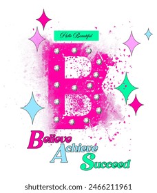 Rhinestones Text B splash Hello beautiful  vector lettering with hand drawn heart. Calligraphy  for gift cards, baby birthday, scrapbooking, beauty blogs. Typography art.