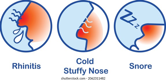 Rhinitis Cold Stuffy Nose Snore, Runny nose icon isolated . Rhinitis symptoms, treatment. Nose and sneezing. Nasal diseases. Vector Illustration