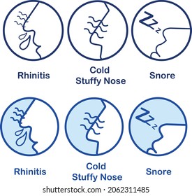 Rinitis Frío Stuffy Nose Snore, icono de Runny nariz aislado . Síntomas de rinitis, tratamiento. Nariz y estornudos. Enfermedades nasales. Ilustración vectorial