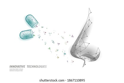 Rhinitis nose low poly . Treatment medicine coryza. Pharmacy runny nose spray. Polygonal design banner template vector illustration