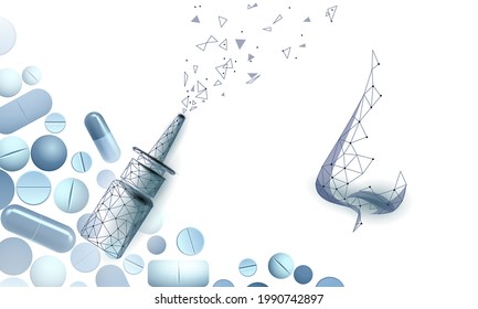 Rhinitis nose low poly. Treatment medicine coryza. Pharmacy runny nose spray. Drug capsule polygonal design banner template research vector illustration