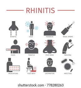 Rhinitis. Symptoms, Treatment. Flat icons set. Vector signs.