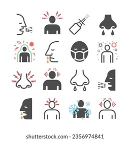 Rhinitis. Symptoms, Treatment. Line icons set. Vector signs for web graphics.