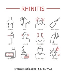 Rhinitis. Symptoms, Treatment. Line Icons set. Vector Signs for Web Graphics.