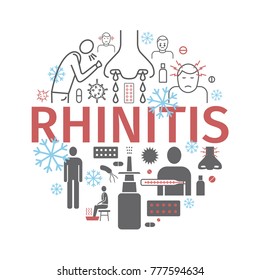 Rhinitis. Symptoms, Treatment. Line icons set. Vector signs for web graphics