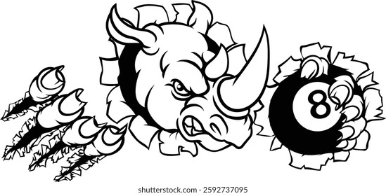 A rhino angry mean pool billiards mascot cartoon character holding a black 8 ball. 