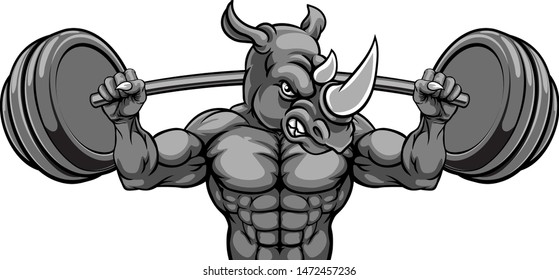 A rhino animal body builder sports mascot weight lifting a barbell 