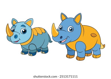 Coleção de Animais Rhino. Charmoso Rhino ilustração de desenhos animados em vetor, ideal para impressões, cartazes, cartões e projetos da Web