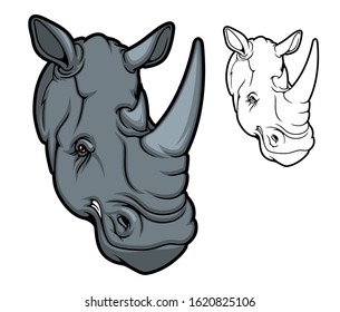 Rhino animal head mascot, two horned cartoon black rhinoceros. Angry african savanna mammal with red eyes, isolated rhino for safari tour, hunting sport club or zoo design