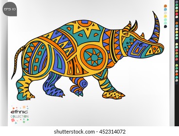 Rhino. Animal patterns with hand-drawn doodle waves and lines. Vector illustration in bright colors.