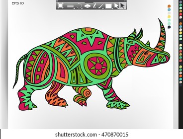 Rhino. Animal patterns with hand-drawn doodle waves and lines. Vector illustration in bright colors.