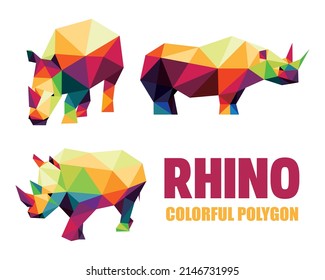 Animales rinocerontes ambientados en polos bajos de la polígona colorida. Icono del rinoceronte en colorido resumen. Colección de vectores de rinocerontes