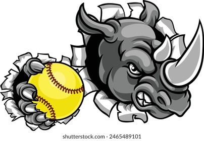 A rhino animal softball sports team cartoon mascot