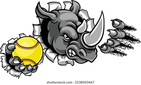 Una mascota de dibujos animados del equipo de deportes de softbol animal rinoceronte