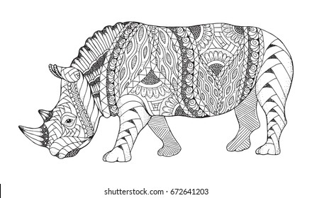 Rhino animal zentangle and stippled stylized. Rhinoceros vector, illustration, pattern. Zen art. Black and white illustration on white background. Adult anti-stress coloring book.