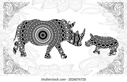 Rhino with a baby, hand draw, doodling. Rhinoceros zen tangle and zendoodle vector. Rhino zen tangle and doodle. Animal coloring book. Tatoo wildlife. Zenart Africa