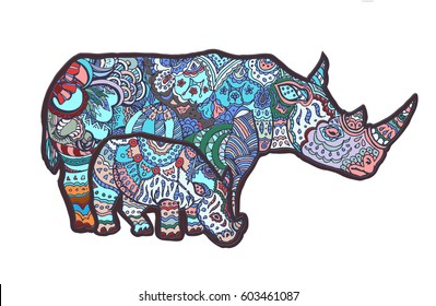 Rhino with a baby, hand draw, doodling. Rhinoceros zen tangle and zendoodle vector. Rhino zen tangle and doodle. Animal coloring book. Tatoo wildlife. Zenart Africa