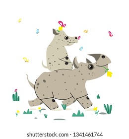 Rhino with baby on a white background. Mom rhino rolls on her back baby. Summer. Rhino cartoon vector