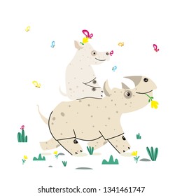 Rhino with baby on a white background. Mom rhino rolls on her back baby. Summer. Rhino cartoon vector