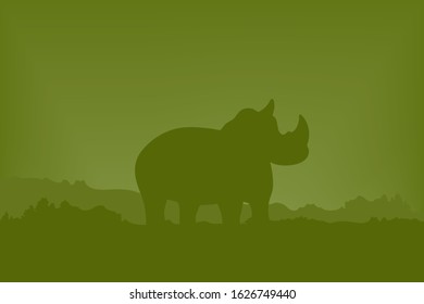 Rhino in the background of the forest. Vector illustration. Wildlife animals. Green picture is flat style.