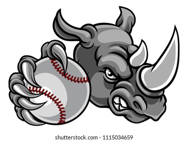 A rhino baseball animal sports mascot holding a ball