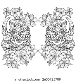 Rinoceronte e belas flores desenhadas à mão para livro de coloração adulto
