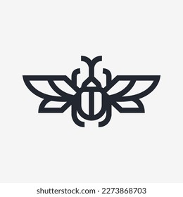 rhino beetle simple line icon logo vector design, modern animal logo pictogram design of unique insect with horn.  Illustration of Japanese male stag beetle insect with wings