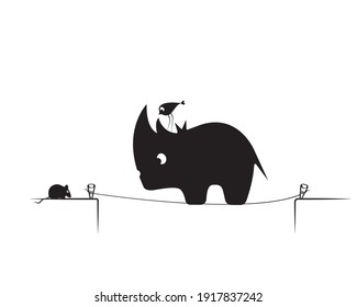 Rhino, bird and mouse on wire, cartoon illustration isolated on white background, vector. Rhino, bird and mice silhouette. Fun childish art design, wall decals, natural artwork