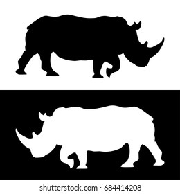 Rhino. Black and white silhouettes. Vector illustration isolated on white background