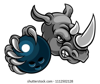 A rhino bowling animal sports mascot holding a ball