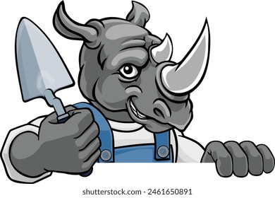 A rhino bricklayer builder construction worker mascot cartoon character holding a trowel tool and peeking around a sign
