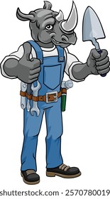 A rhino bricklayer builder construction worker mascot cartoon character holding a trowel tool giving a thumbs up