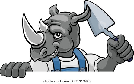 A rhino bricklayer builder construction worker mascot cartoon character holding a trowel tool and peeking around a sign